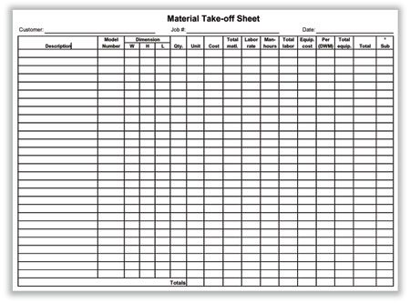 Material Takeoff SheetConstruction Office Online