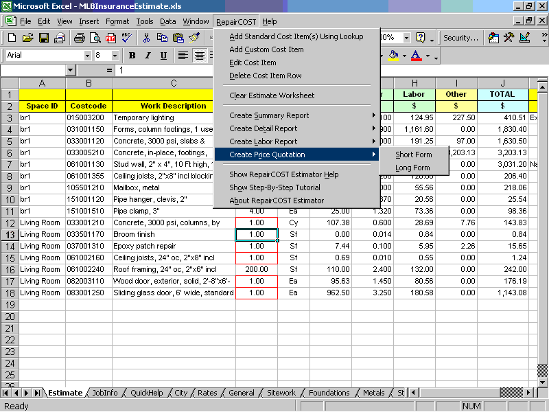 RepairCOST Estimator for ExcelConstruction Office Online